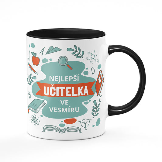 Keramický hrnek bílý s černým lemem vnitřkem a uchem motiv Nejlepší učitelka ve vesmíru