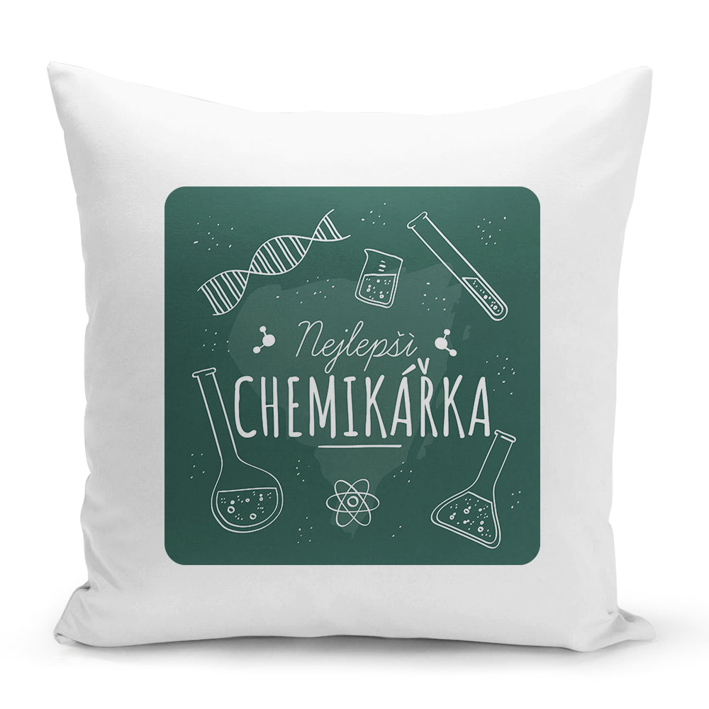 Bílý polštář 40 x 40 cm s motivem Nejlepší chemikářka