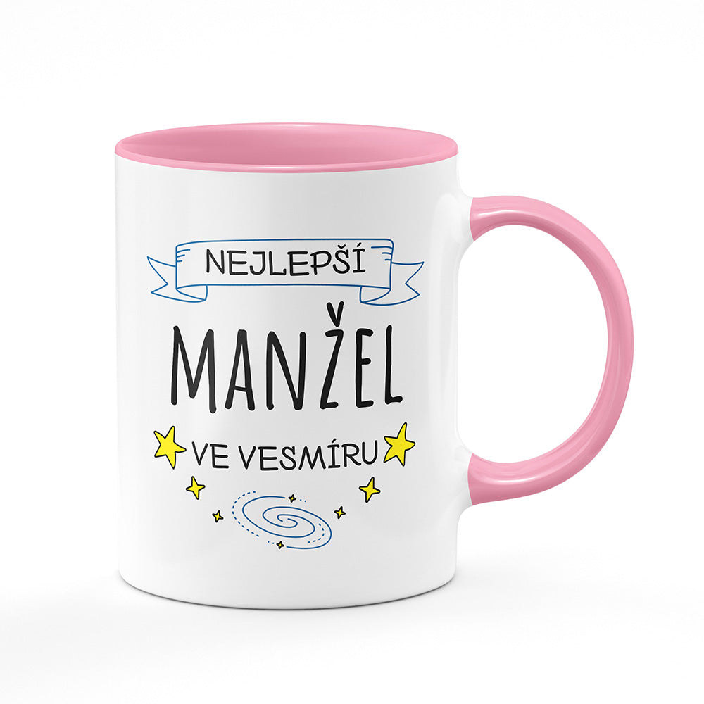 Keramický hrnek bílý s růžovým lemem vnitřkem a uchem motiv Nejlepší manžel ve vesmíru