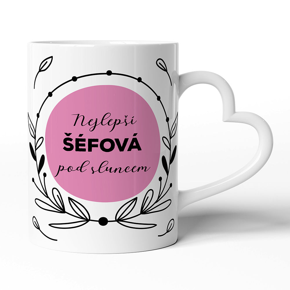 Keramický hrníček s uchem ve tvaru srdce motiv Nejlepší šéfová pod sluncem