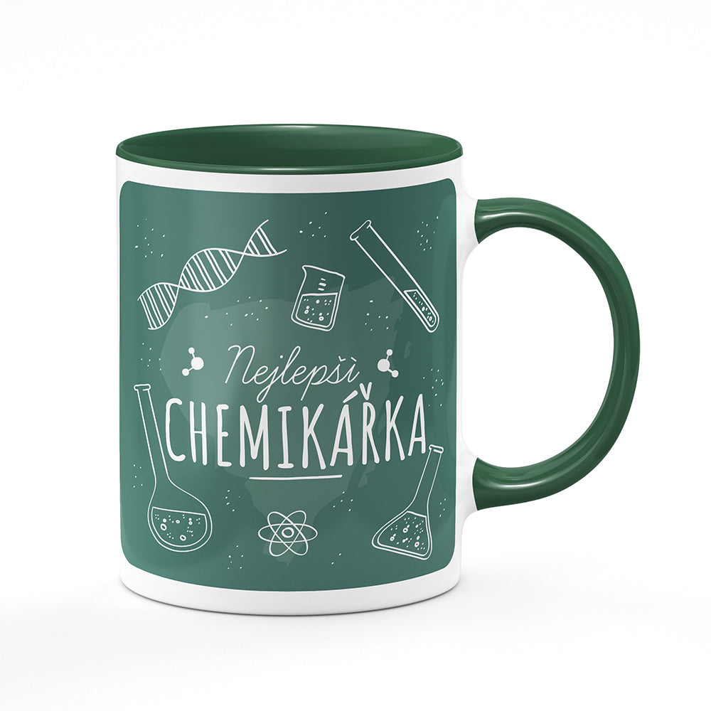 Keramický hrnek bílý s zeleným lemem vnitřkem a uchem motiv Nejlepší chemikářka