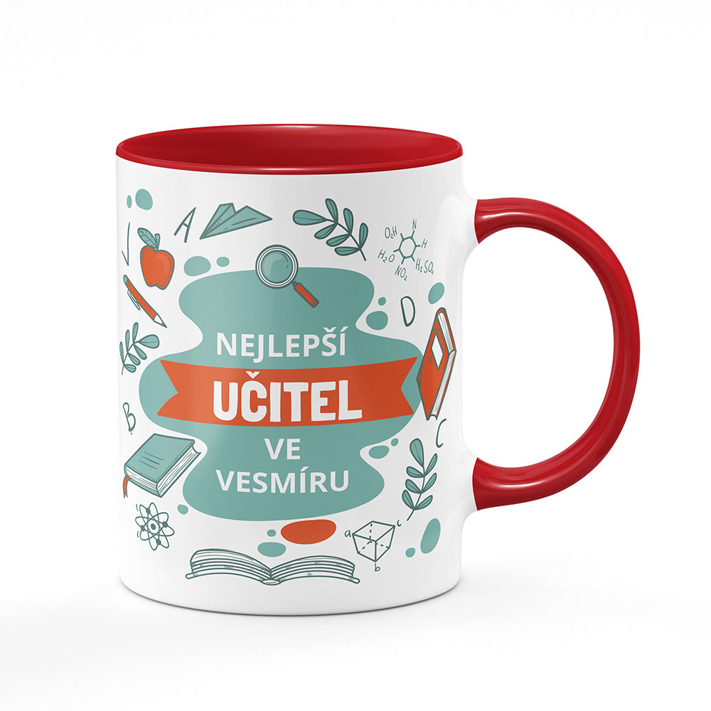 Keramický hrnek bílý s červeným lemem vnitřkem a uchem motiv Nejlepší učitel ve vesmíru