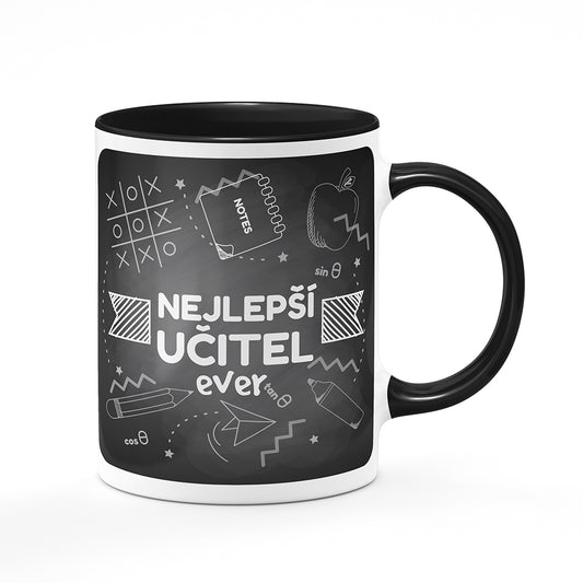 Keramický hrnek bílý s černým lemem vnitřkem a uchem motiv Nejlepší učitel ever