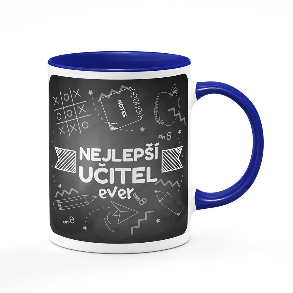 Keramický hrnek bílý s modrým lemem vnitřkem a uchem motiv Nejlepší učitel ever