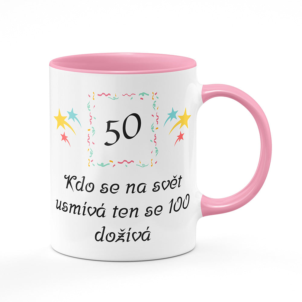 Keramický hrnek bílý s růžovým lemem vnitřkem a uchem motiv Kdo se na svět usmívá…