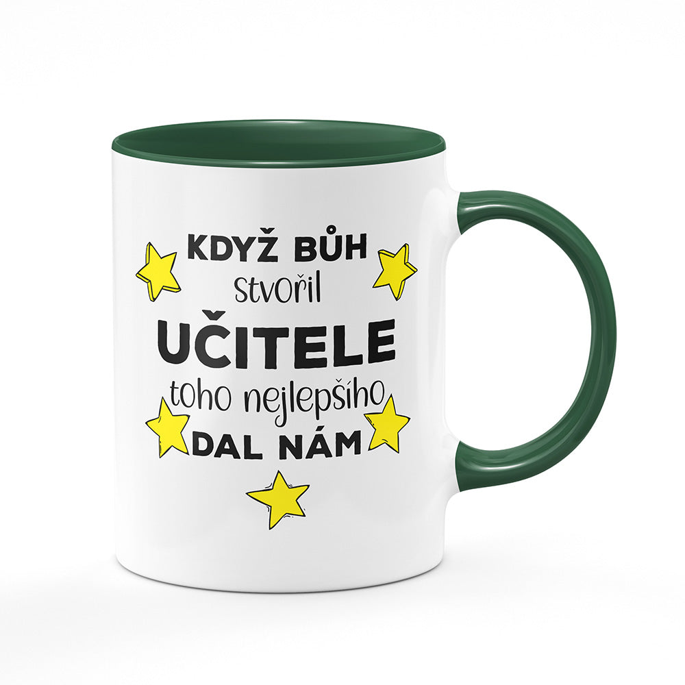 Keramický hrnek bílý s zeleným lemem vnitřkem a uchem motiv Když bůh stvořil učitele