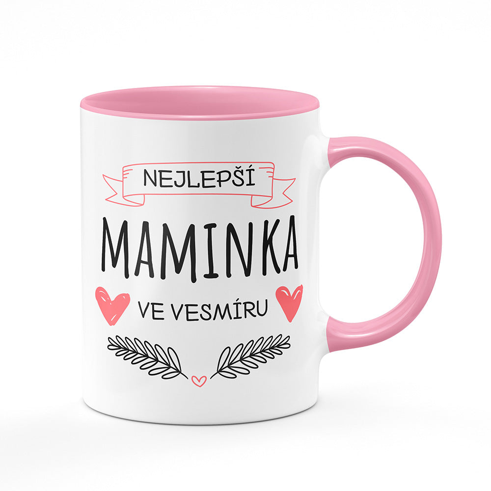 Keramický hrnek bílý s růžovým lemem vnitřkem a uchem motiv Nejlepší maminka ve vesmíru
