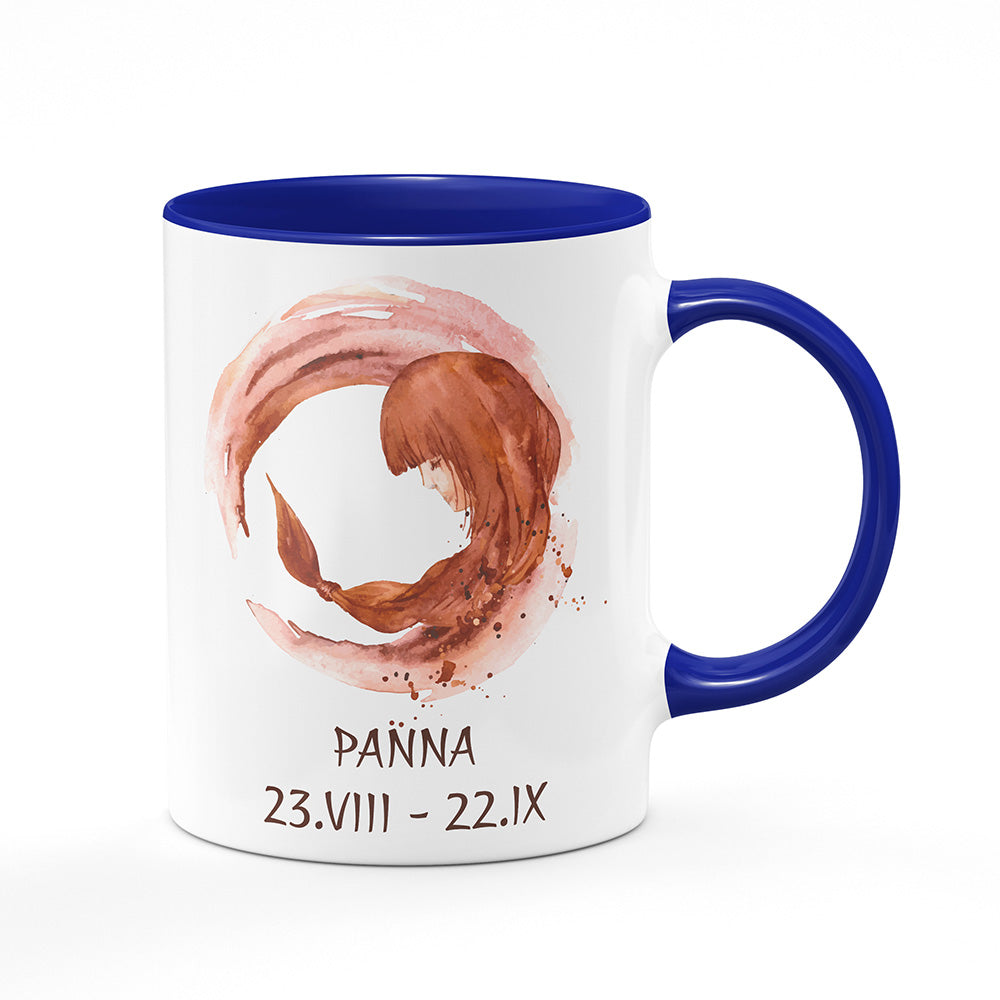 Keramický hrnek bílý s modrým lemem vnitřkem a uchem motiv Panna