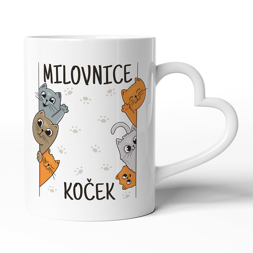 Keramický hrníček s uchem ve tvaru srdce motiv Milovnice koček