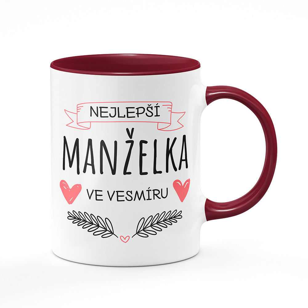 Keramický hrnek bílý s bordó vínovým lemem vnitřkem a uchem motiv Nejlepší manželka ve vesmíru
