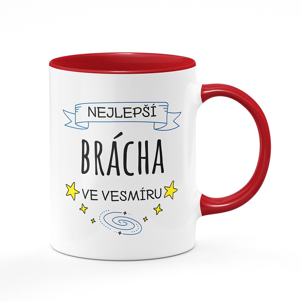 Keramický hrnek bílý s červeným lemem vnitřkem a uchem motiv Nejlepší brácha ve vesmíru