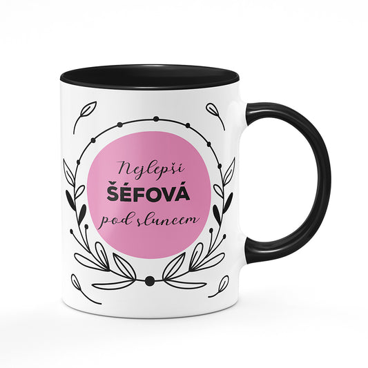 Keramický hrnek bílý s černým lemem vnitřkem a uchem motiv Nejlepší šéfová pod sluncem
