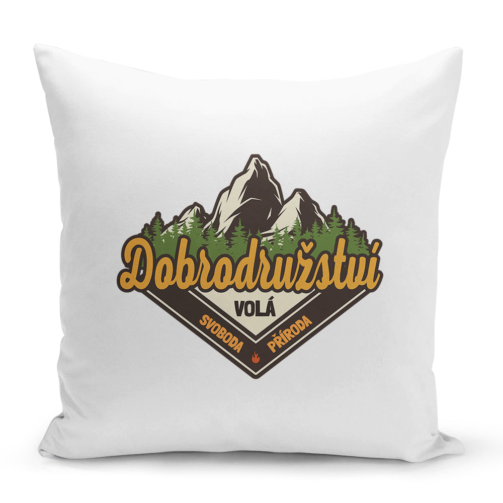 Bílý polštář 40 x 40 cm s motivem Dobrodružství volá