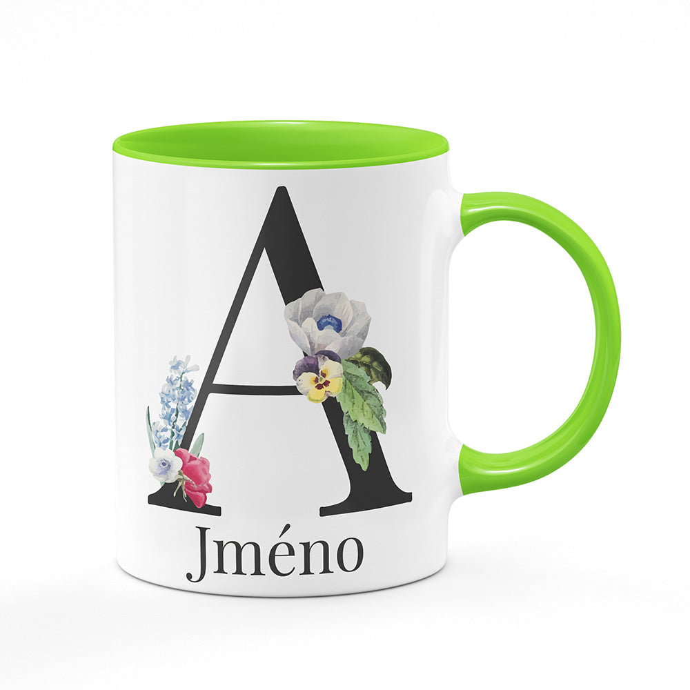 Keramický hrnek bílý s světle zeleným lemem vnitřkem a uchem motiv Se jménem A...