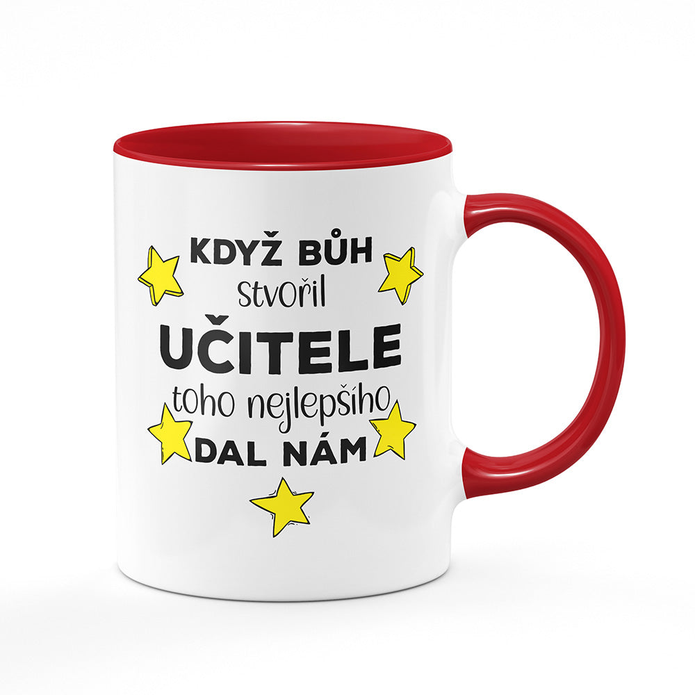 Keramický hrnek bílý s červeným lemem vnitřkem a uchem motiv Když bůh stvořil učitele