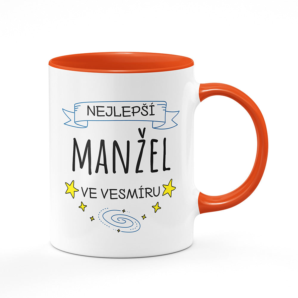 Keramický hrnek bílý s oranžovým lemem vnitřkem a uchem motiv Nejlepší manžel ve vesmíru