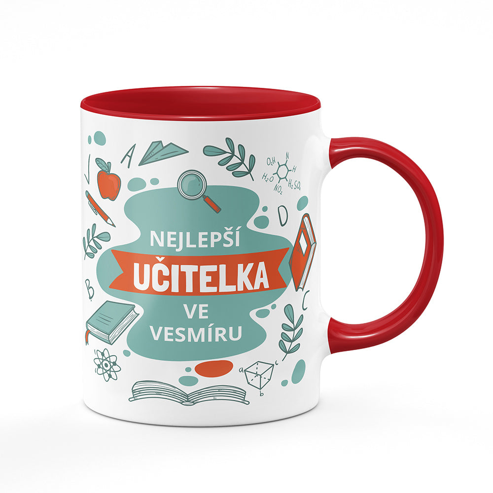 Keramický hrnek bílý s červeným lemem vnitřkem a uchem motiv Nejlepší učitelka ve vesmíru