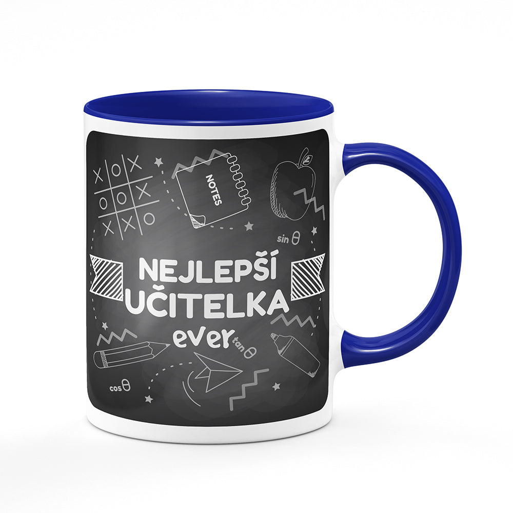 Keramický hrnek bílý s modrým lemem vnitřkem a uchem motiv Nejlepší učitelka ever