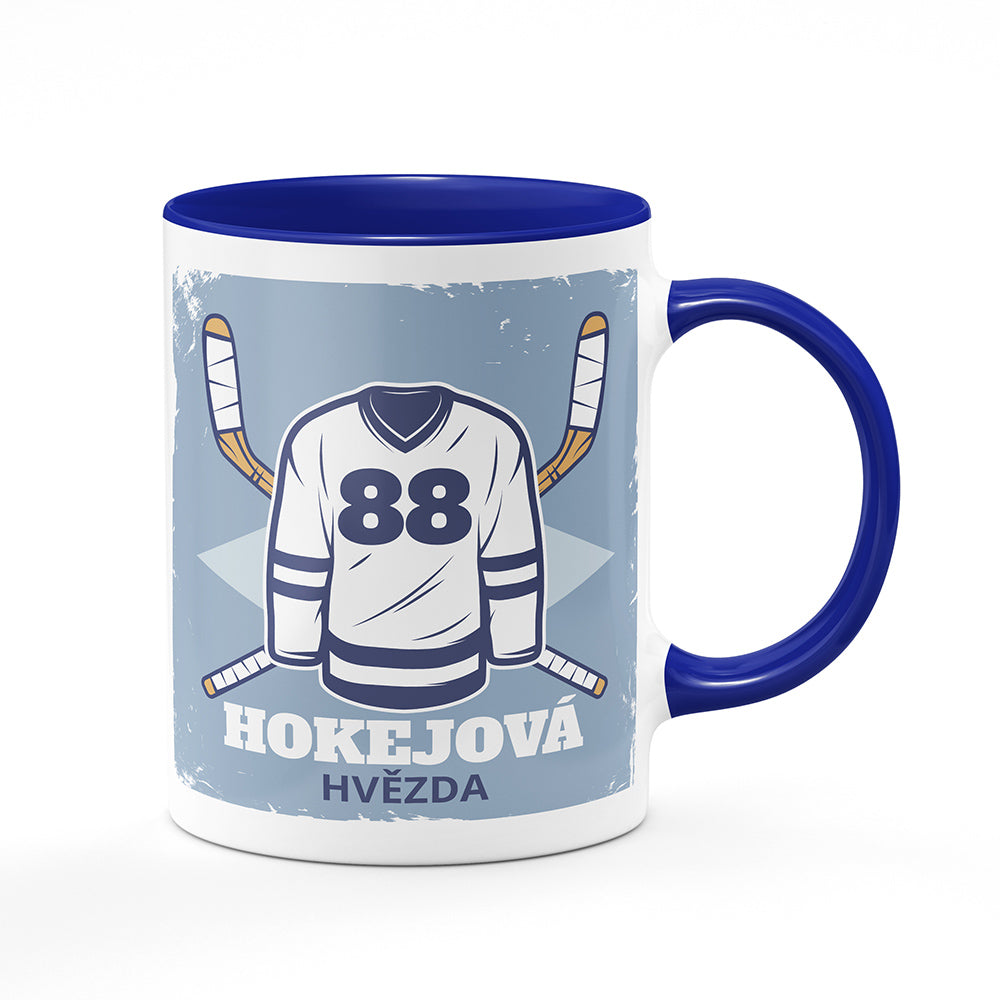 Keramický hrnek bílý s modrým lemem vnitřkem a uchem motiv Hokejová hvězda
