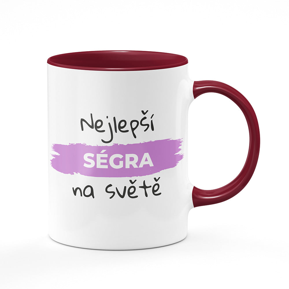 Keramický hrnek bílý s bordó vínovým lemem vnitřkem a uchem motiv Nejlepší ségra na světě