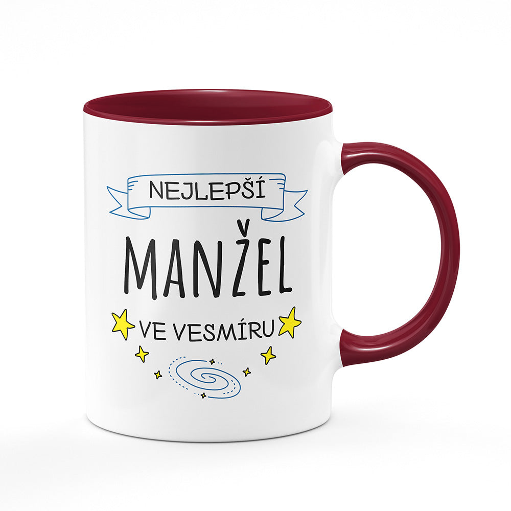 Keramický hrnek bílý s bordó vínovým lemem vnitřkem a uchem motiv Nejlepší manžel ve vesmíru