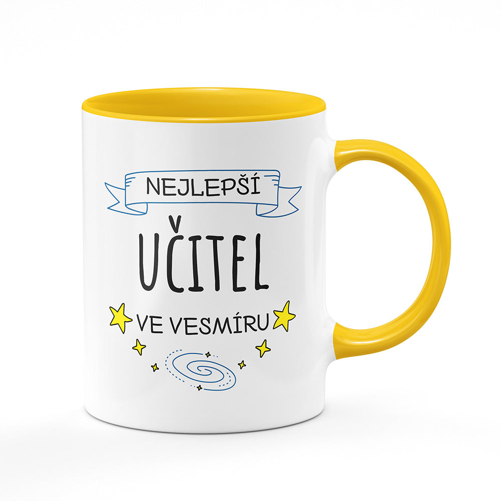 Keramický hrnek bílý s žlutým lemem vnitřkem a uchem motiv Nejlepší učitel ve vesmíru