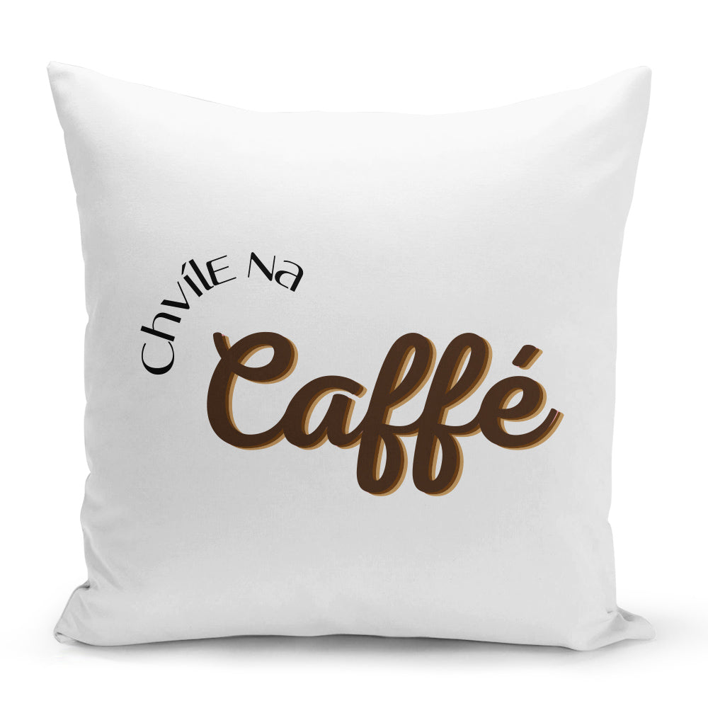 Bílý polštář 40 x 40 cm s motivem Chvíle na kávu