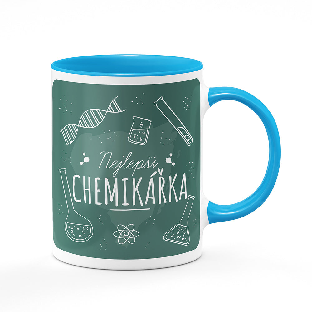 Keramický hrnek bílý s světle modrým lemem vnitřkem a uchem motiv Nejlepší chemikářka
