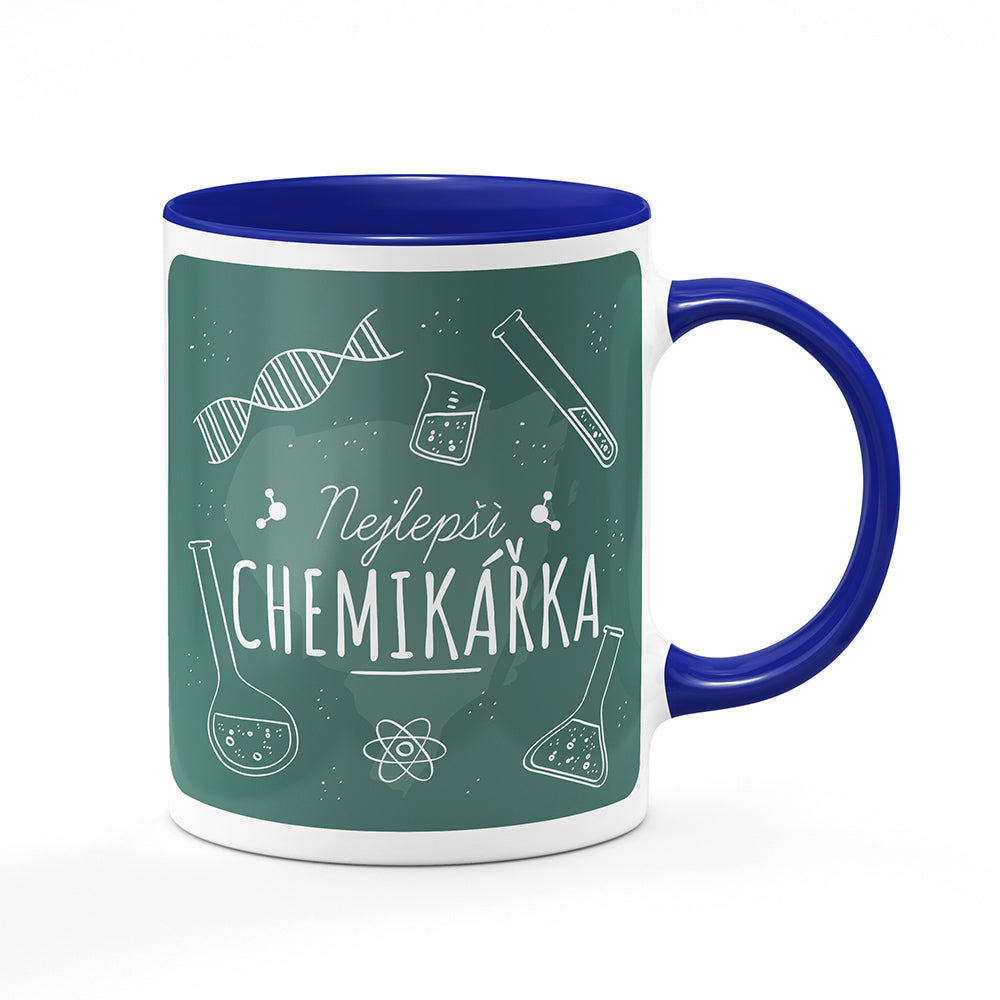 Keramický hrnek bílý s modrým lemem vnitřkem a uchem motiv Nejlepší chemikářka