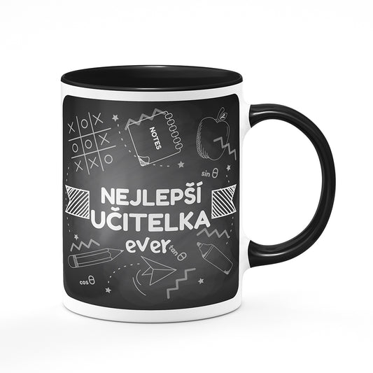 Keramický hrnek bílý s černým lemem vnitřkem a uchem motiv Nejlepší učitelka ever