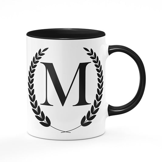 Keramický hrnek bílý s černým lemem vnitřkem a uchem motiv Iniciála