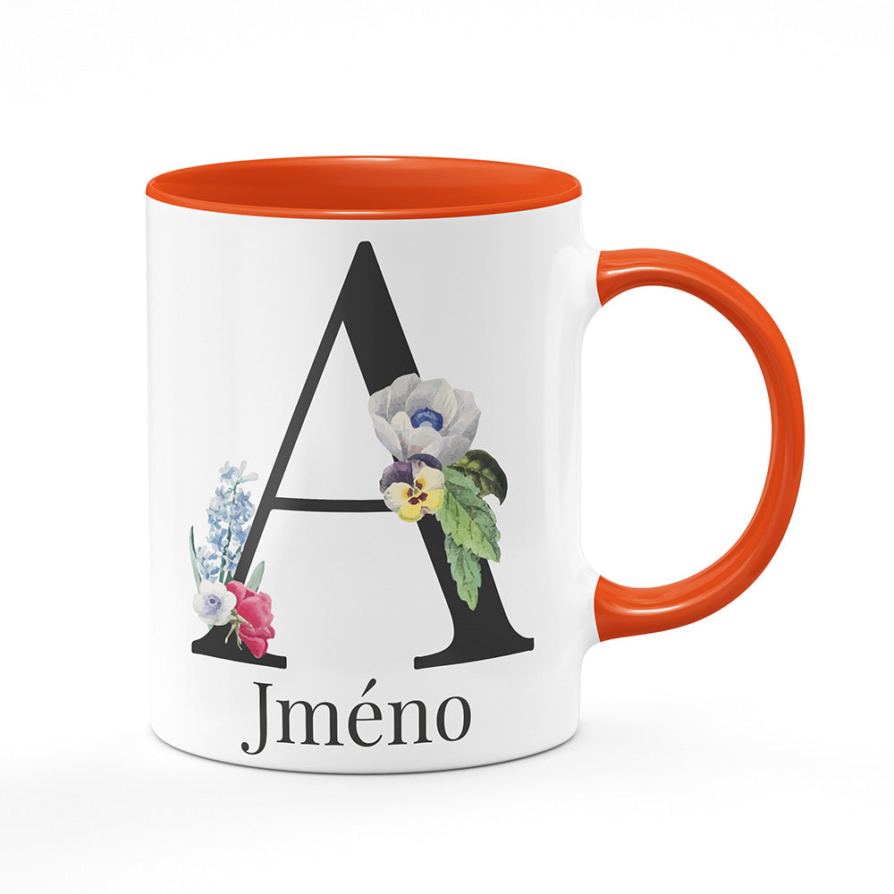 Keramický hrnek bílý s oranžovým lemem vnitřkem a uchem motiv Se jménem A...