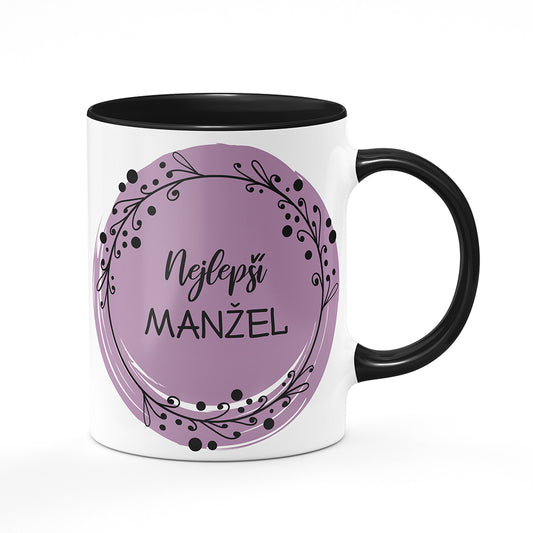 Keramický hrnek bílý s černým lemem vnitřkem a uchem motiv Nejlepší manžel
