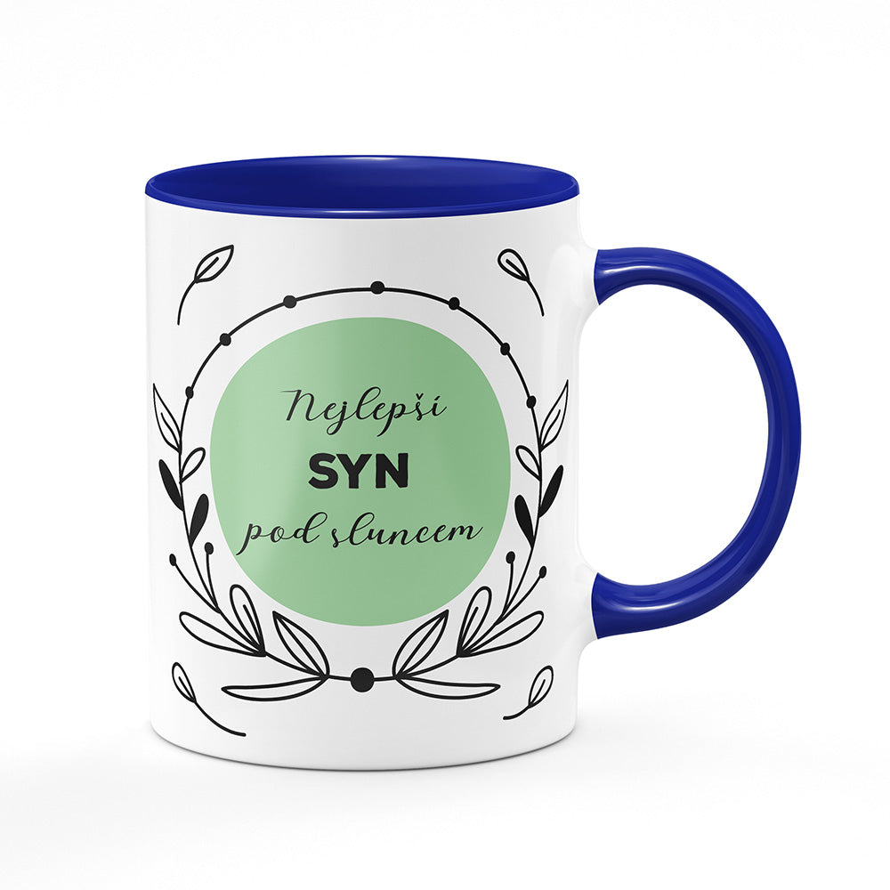 Keramický hrnek bílý s modrým lemem vnitřkem a uchem motiv Nejlepší syn pod sluncem