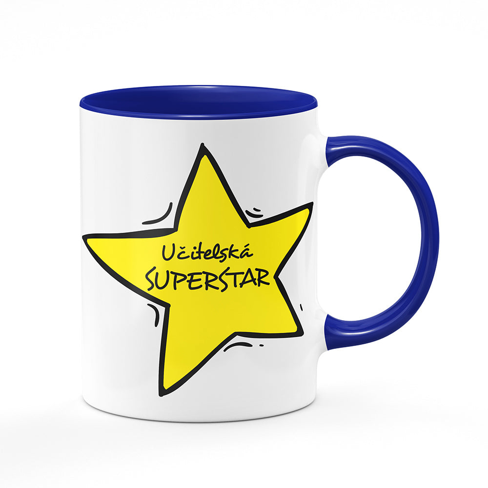 Keramický hrnek bílý s modrým lemem vnitřkem a uchem motiv Učitelská superstar