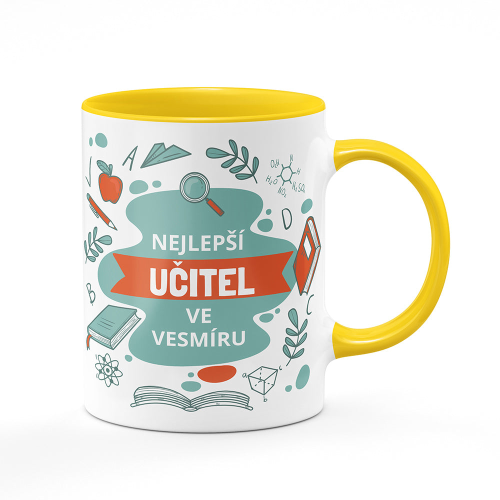 Keramický hrnek bílý s žlutým lemem vnitřkem a uchem motiv Nejlepší učitel ve vesmíru