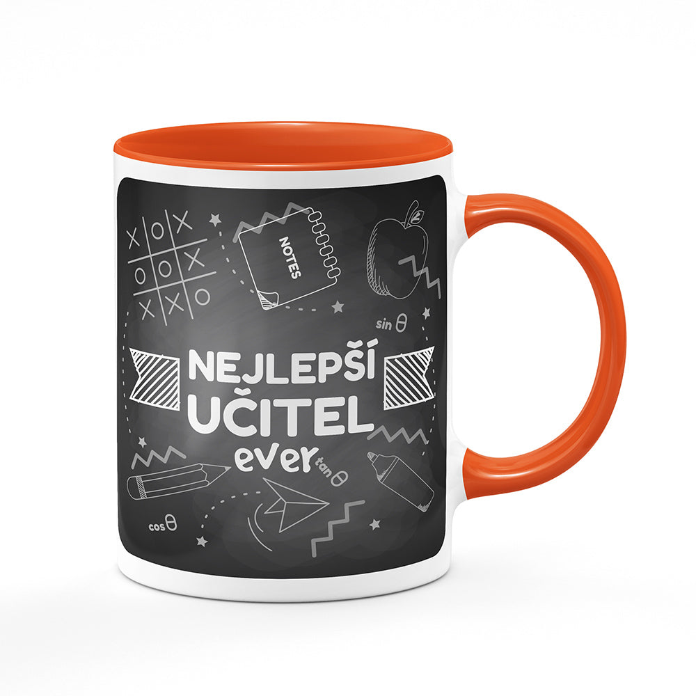 Keramický hrnek bílý s oranžovým lemem vnitřkem a uchem motiv Nejlepší učitel ever