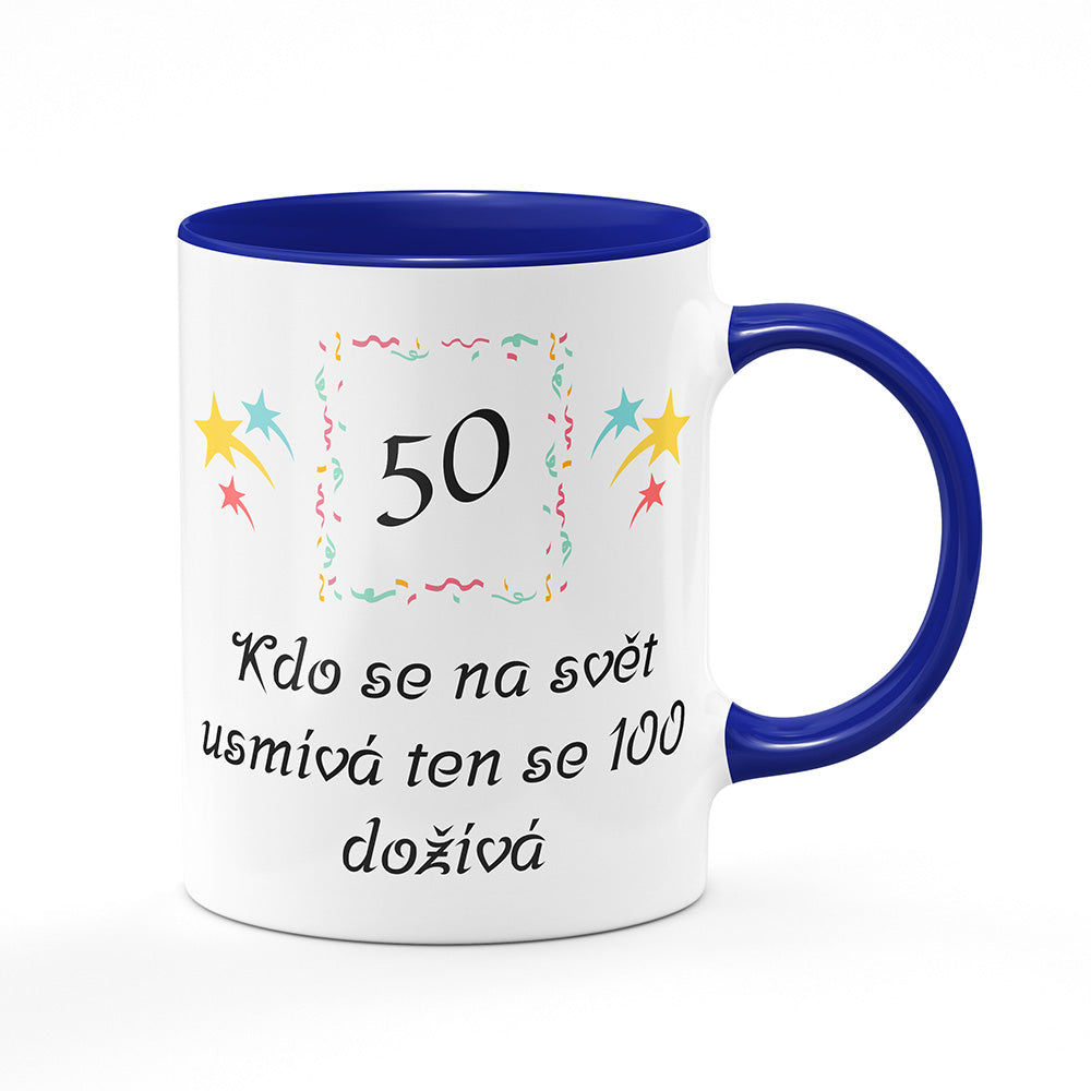 Keramický hrnek bílý s modrým lemem vnitřkem a uchem motiv Kdo se na svět usmívá…