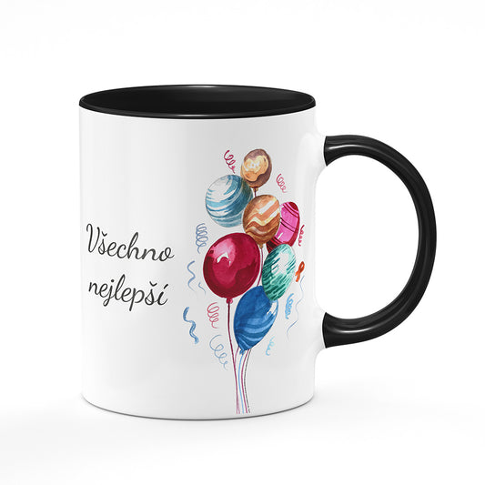 Keramický hrnek bílý s černým lemem vnitřkem a uchem motiv Všechno nejlepší