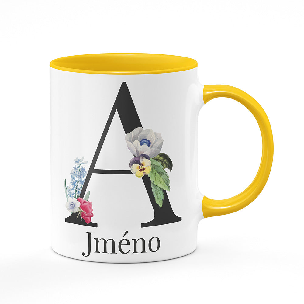 Keramický hrnek bílý s žlutým lemem vnitřkem a uchem motiv Se jménem A...