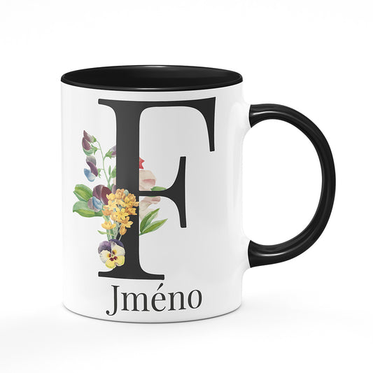 Keramický hrnek bílý s černým lemem vnitřkem a uchem motiv Se jménem F…