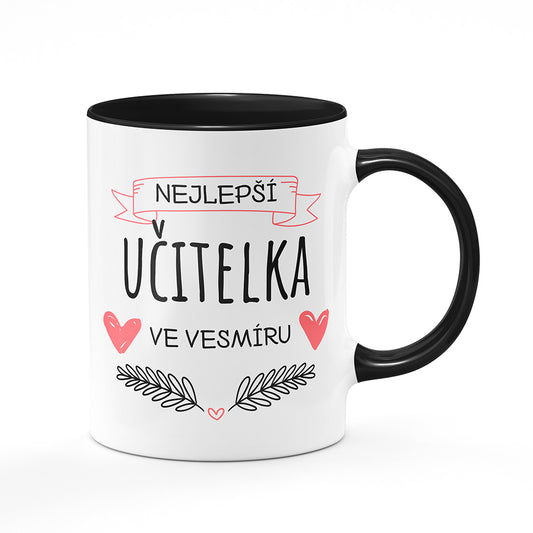 Keramický hrnek bílý s černým lemem vnitřkem a uchem motiv Nejlepší učitelka ve vesmíru