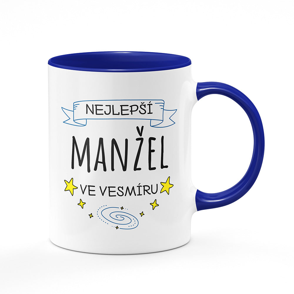 Keramický hrnek bílý s modrým lemem vnitřkem a uchem motiv Nejlepší manžel ve vesmíru