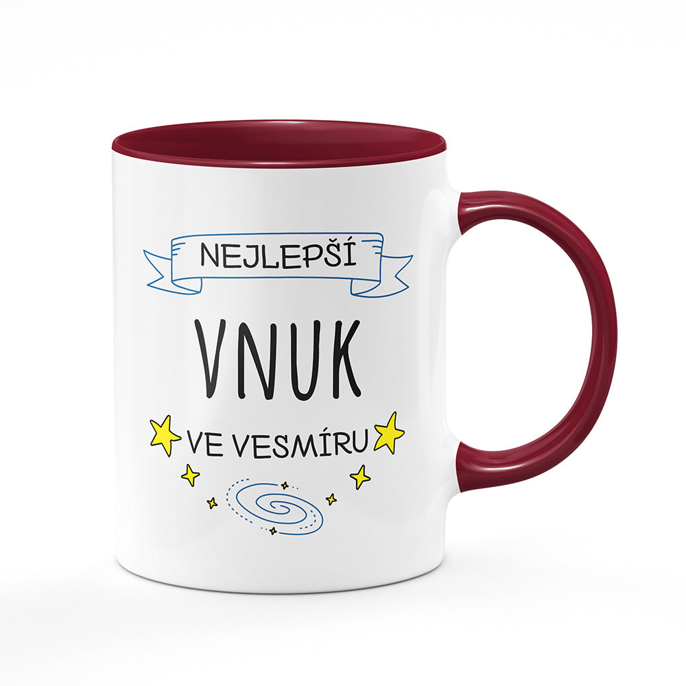 Keramický hrnek bílý s bordó vínovým lemem vnitřkem a uchem motiv Nejlepší vnuk ve vesmíru