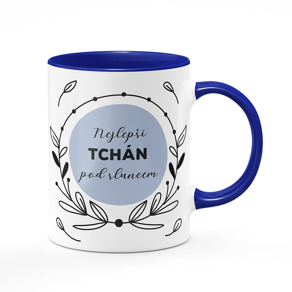 Keramický hrnek bílý s modrým lemem vnitřkem a uchem motiv Nejlepší tchán pod sluncem