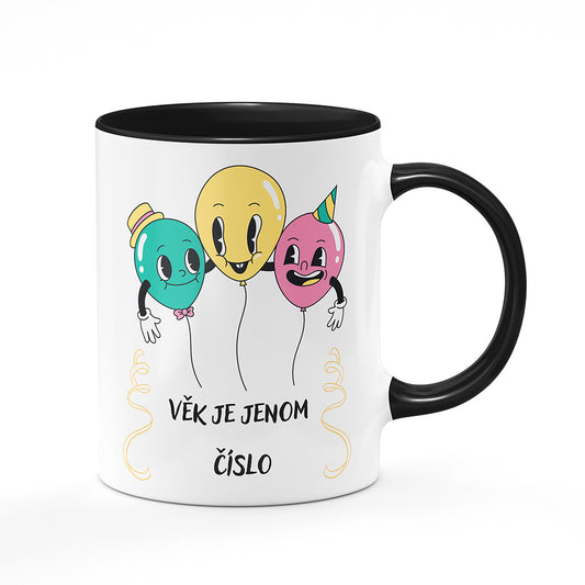 Keramický hrnek bílý s černým lemem vnitřkem a uchem motiv Věk je jenom číslo