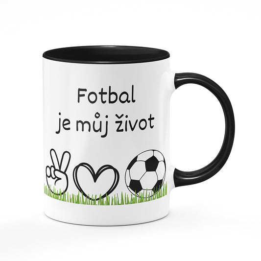 Keramický hrnek bílý s černým lemem vnitřkem a uchem motiv Fotbal je můj život