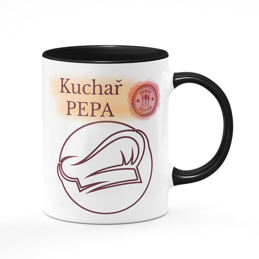 Keramický hrnek bílý s černým lemem vnitřkem a uchem motiv Kuchař