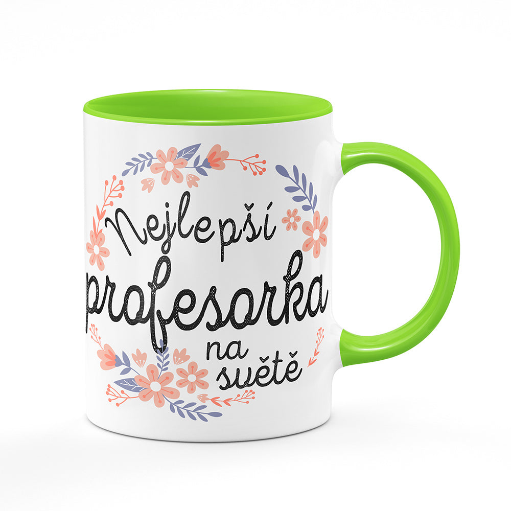 Keramický hrnek bílý s světle zeleným lemem vnitřkem a uchem motiv Nejlepší profesorka na světě