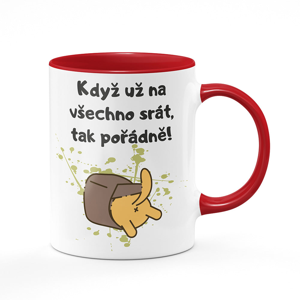 Keramický hrnek bílý s červeným lemem vnitřkem a uchem motiv Když už na všechno…